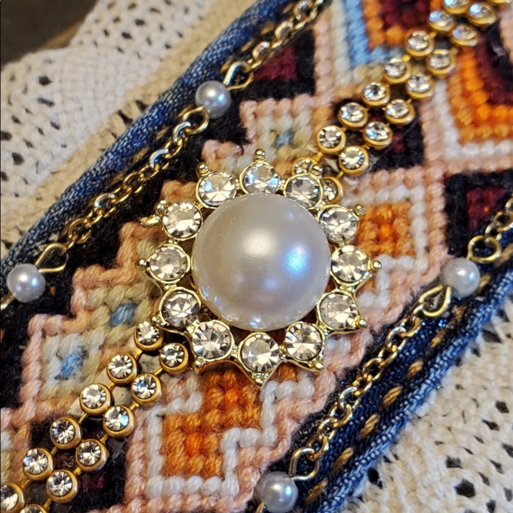 Handmade denim lace friendship bracelet cuff